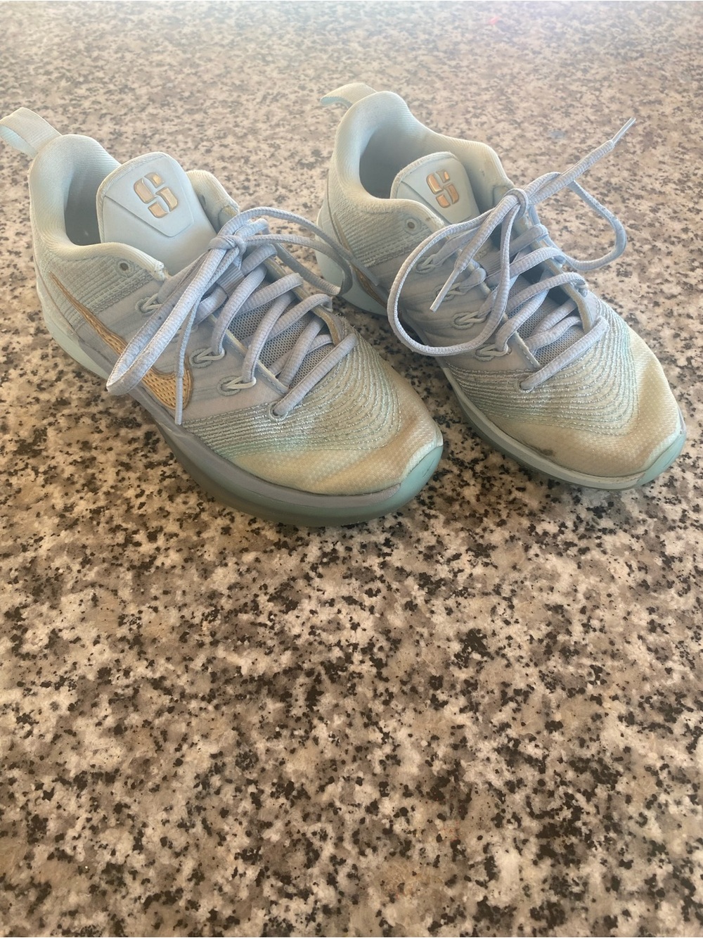 Nike Light Blue Athletic Sneakers with Gold Swoosh Youth size 2.5